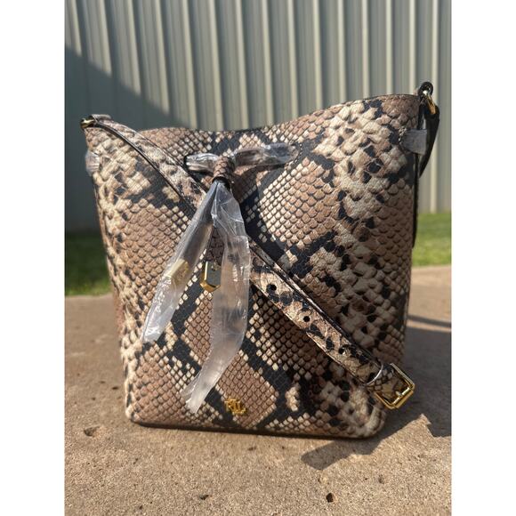 Lauren Ralph Lauren Snakeskin Handbag Debby Drawstring NWOT - Picture 1 of 13